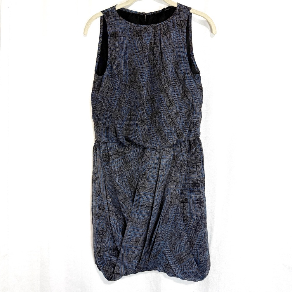 Tibi Blue and Black Silk Plaid Sleeveless Dress With Elegant Draping Size 2